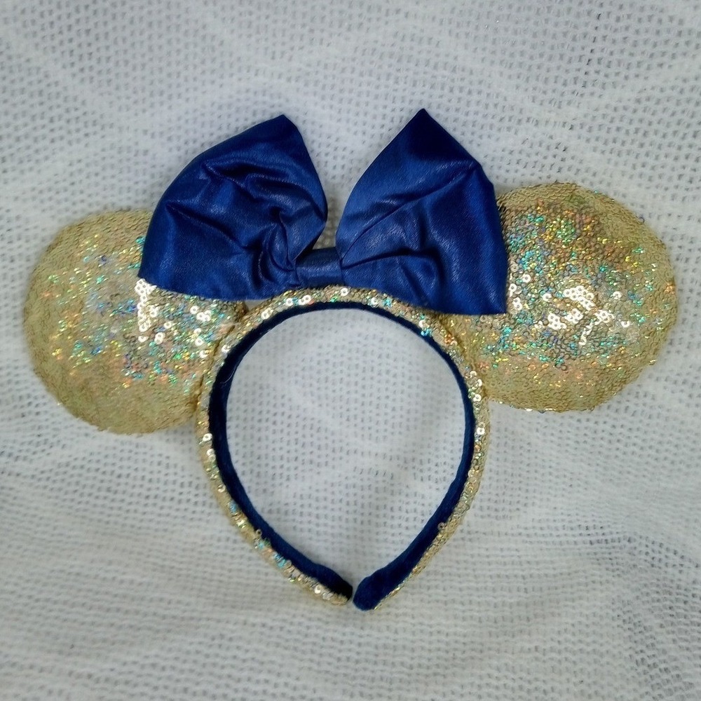 Disney Minnie Mouse Ears Headband Gold Sequins Royal Blue Bow Good Condition
